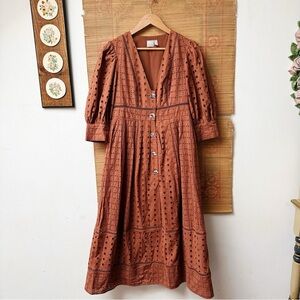 ASOS Rust Brown Eyelet Long Sleeve Midi Dress